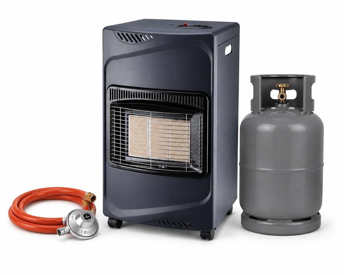 2-in-1 Gas Heater Combo with 9kg Grey Gas Cylinder, Hose &amp; Regulator
